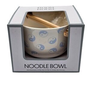 Ceramic Yin Yang Noodle Bowl W/ Chopsticks‎ & Spoon, Blue & White NIB